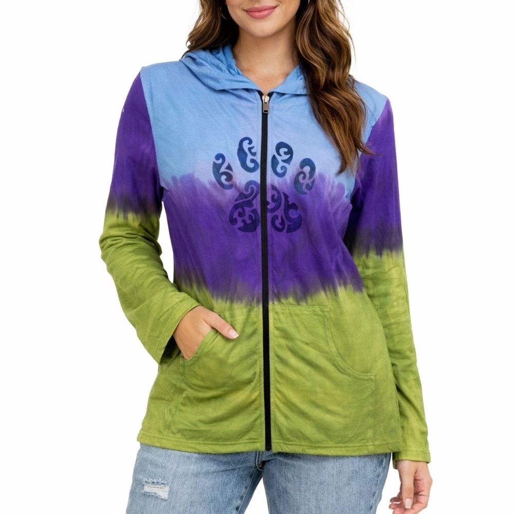 Made In Nepal 100% Cotton Tie Dye Light Weight Boho Natural Zip Jacket Size 3X